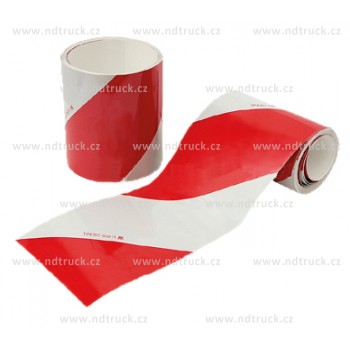 Páska reflexní šrafovaná š.141 mm, PRAVÁ, metráž, samolepka bíločervená